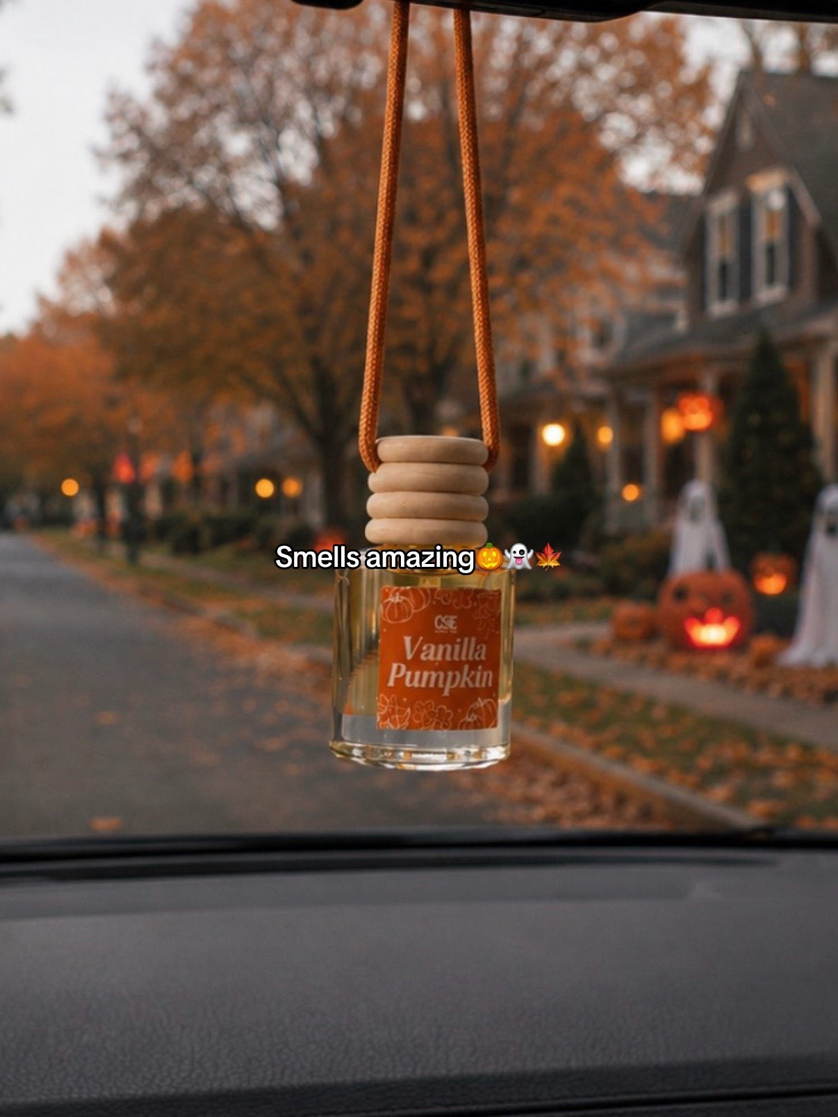 Freshener hanging on a street lined with lit pumpkins