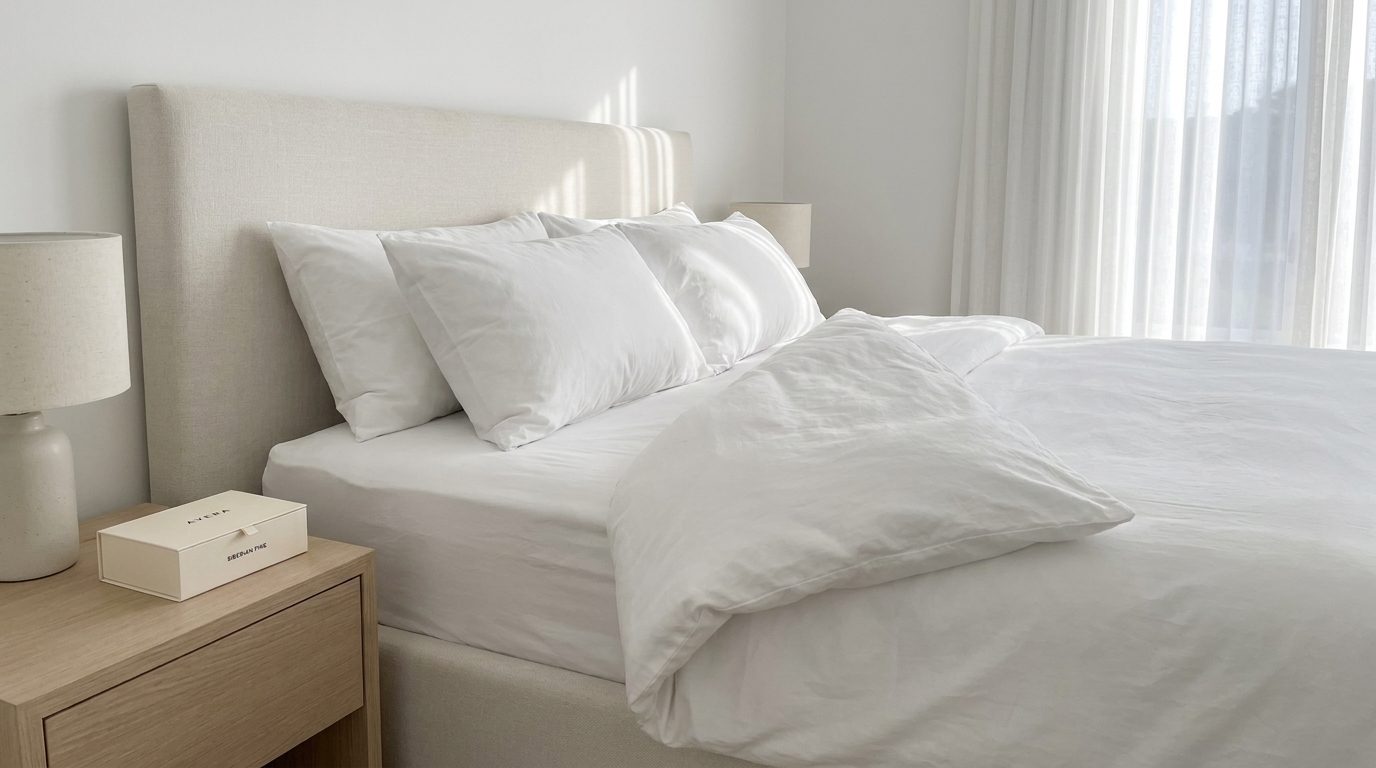 A freshly made bed in a bright bedroom