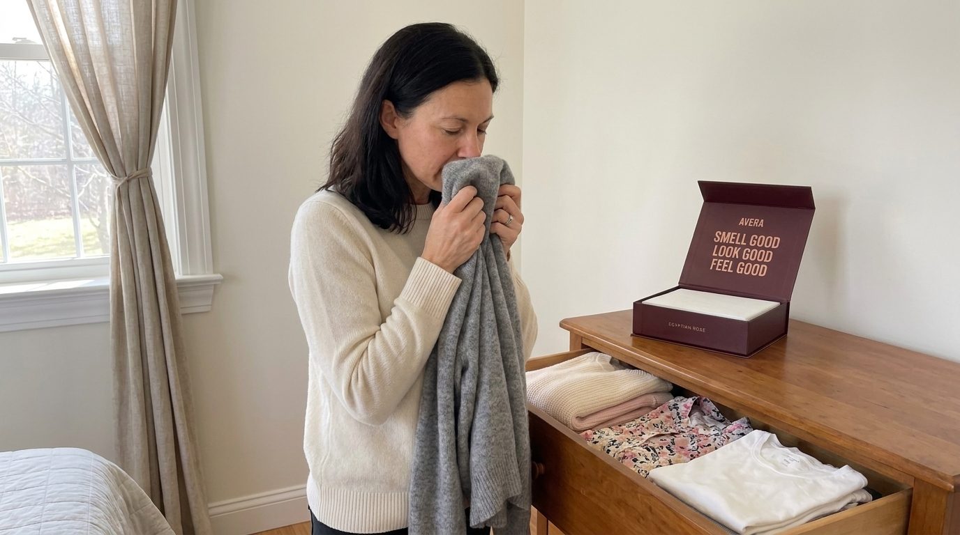 A woman breathing in her freshly washed jumper at the drawer