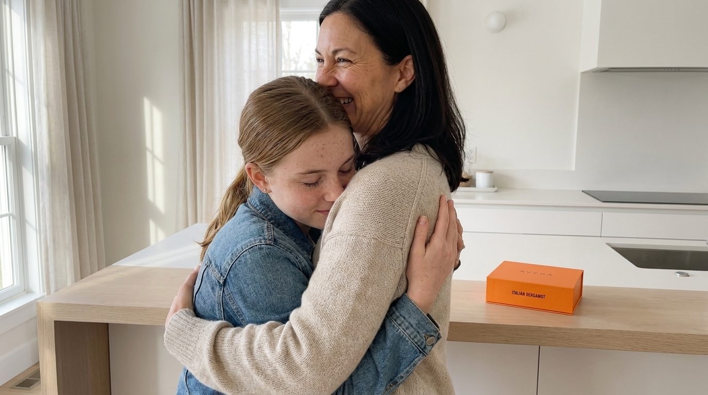 A mother and her daughter hugging in the kitchen