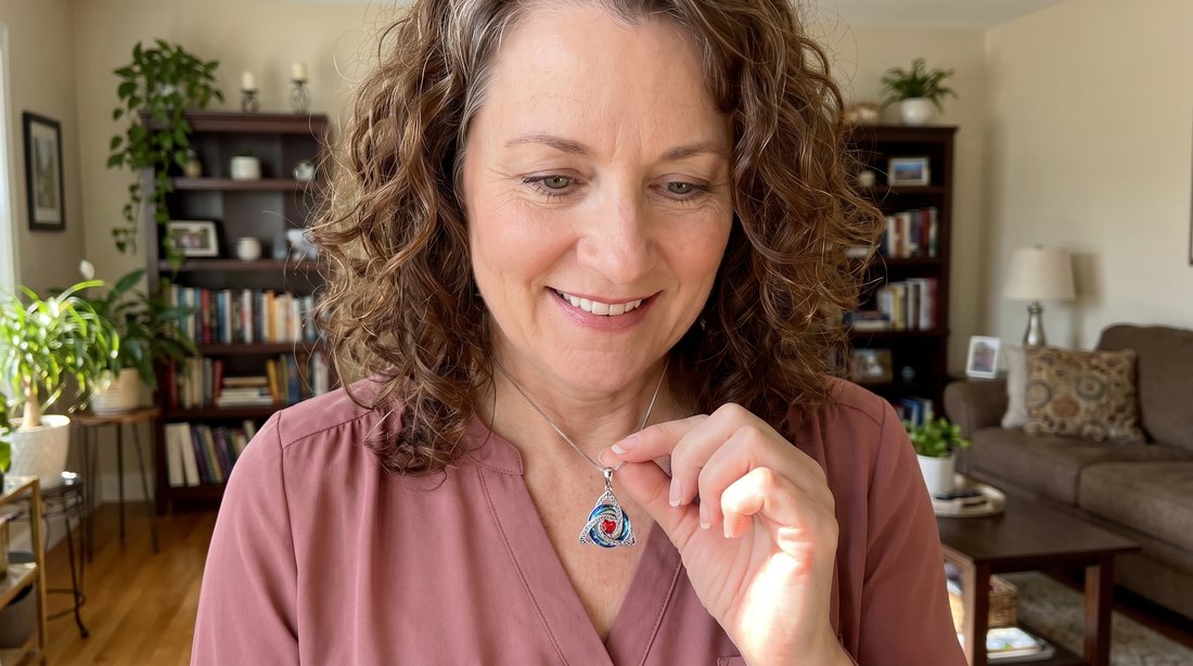 The necklace being placed in its jewellery box before a shower