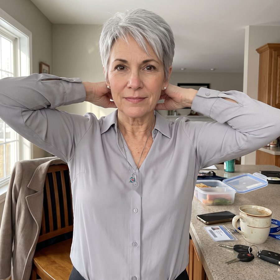 A woman fastens her necklace in the kitchen before work