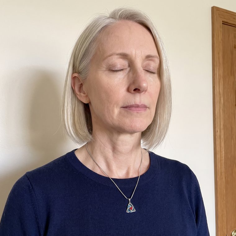 A calm woman with her eyes closed wearing the necklace