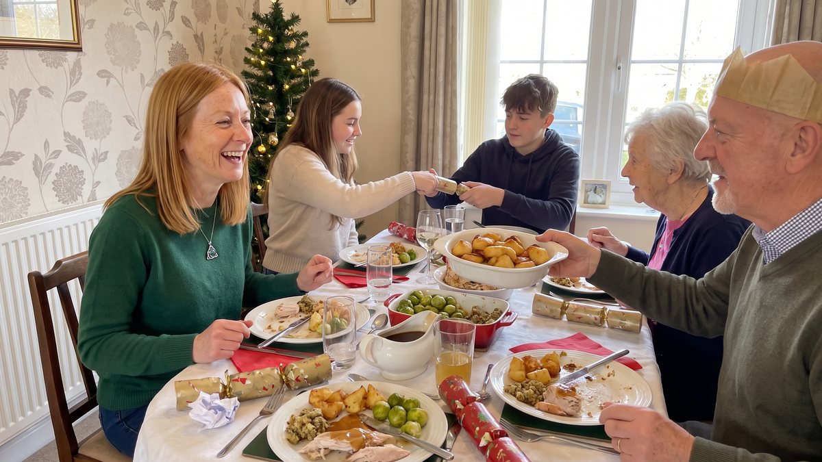 A woman laughing at Christmas lunch with her family