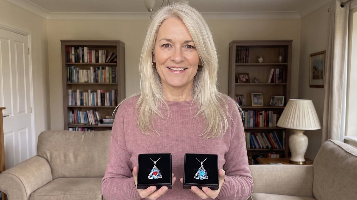 A woman holding two necklaces in their boxes