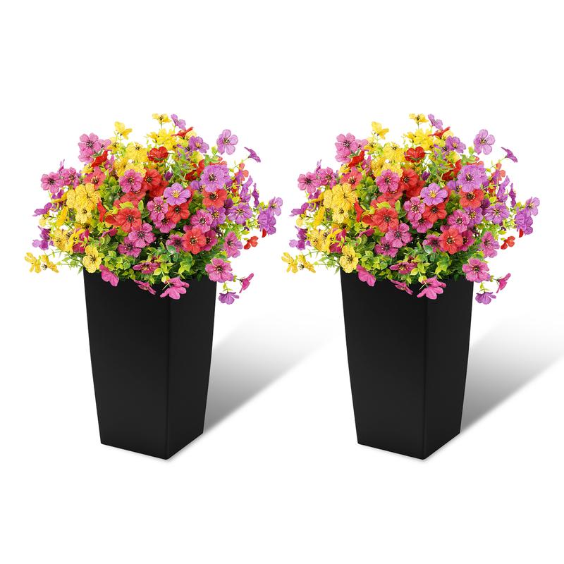 Set of 2 Artificial Flowers Outdoor with 2 Black Planters Total 60cm, Fake Silk Flowers Durable Faux Plants for front Porch, Patio, Garden Decoration home