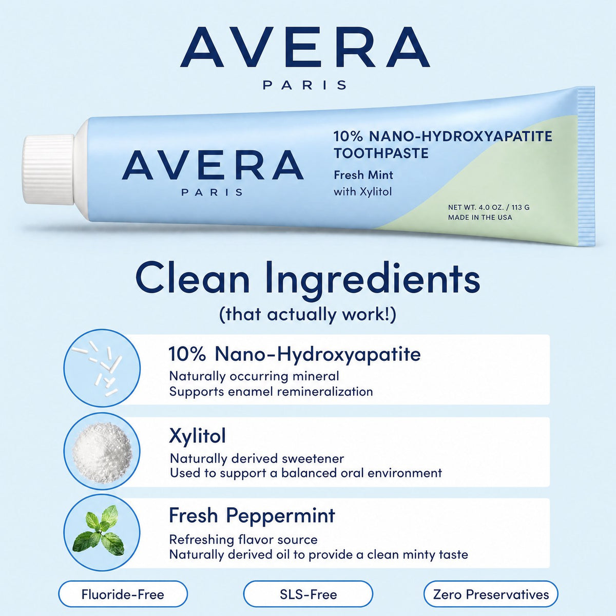 Clean ingredients - nano-hydroxyapatite, xylitol, fresh peppermint