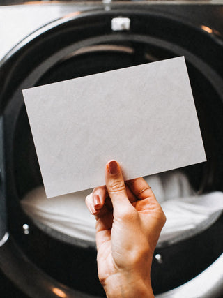 Holding a laundry sheet in front of the washing machine