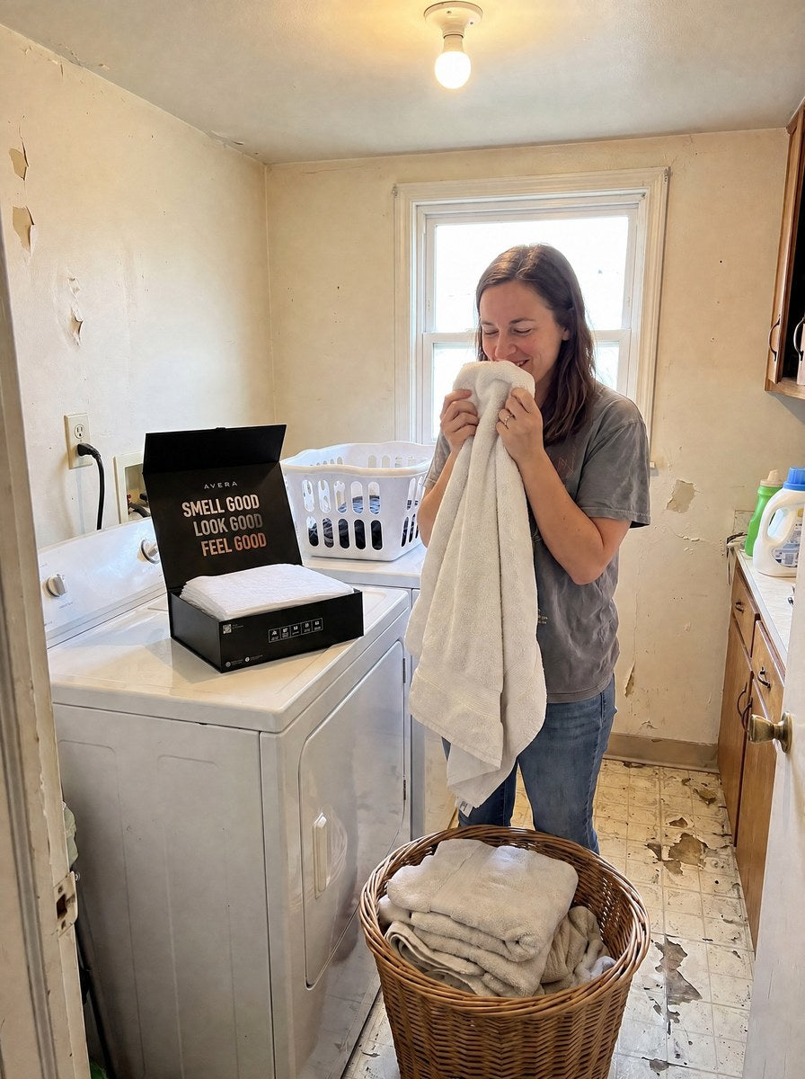 Smelling fresh laundry beside a box of Avera Laundry Sheets Image