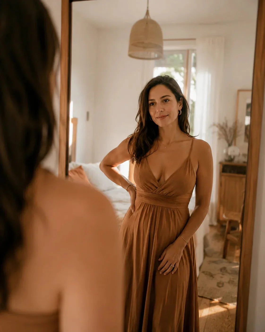 Woman looking at herself calm and confident in her bedroom mirror