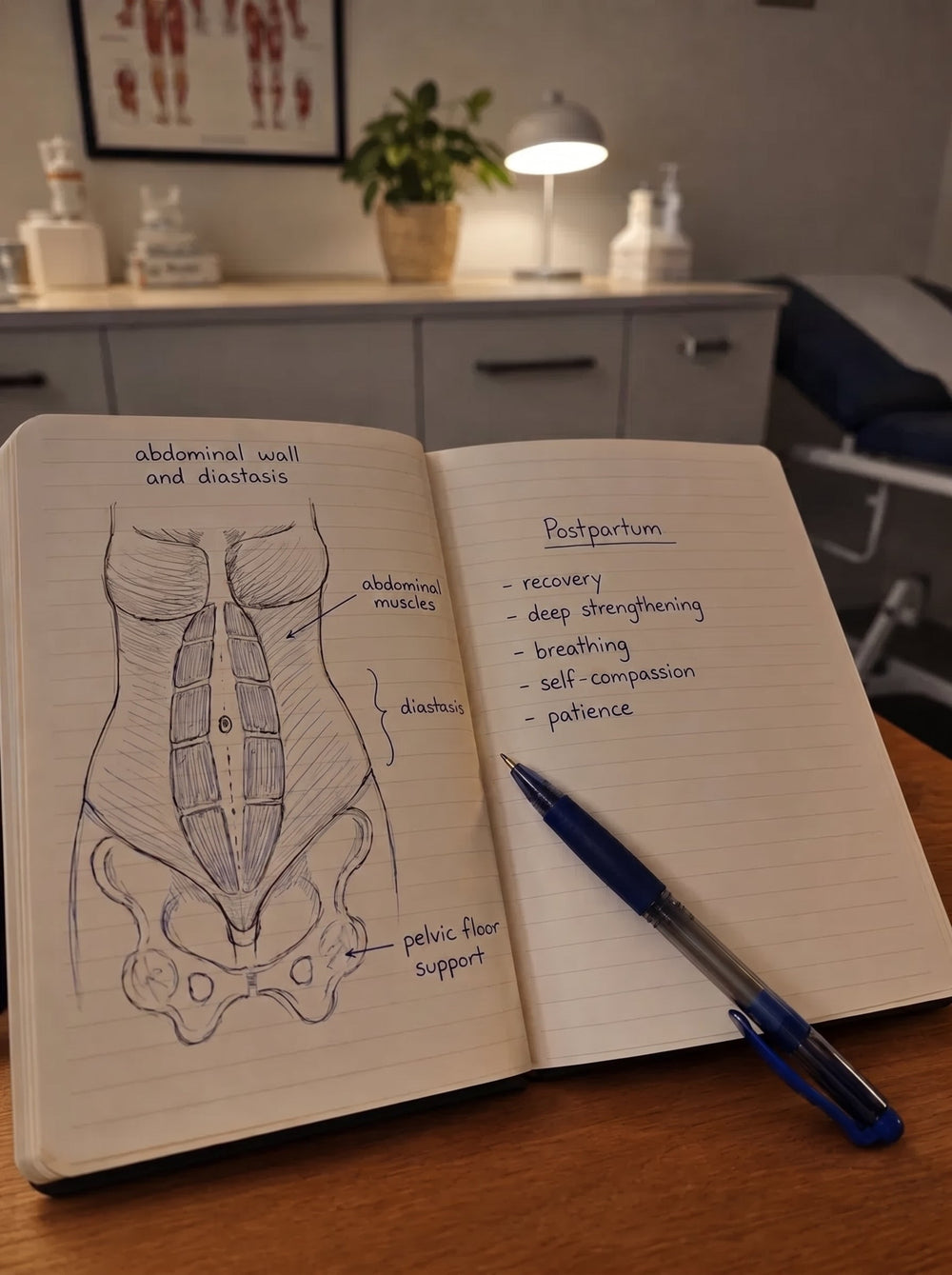 Notebook with a hand-drawn sketch of abdominal separation