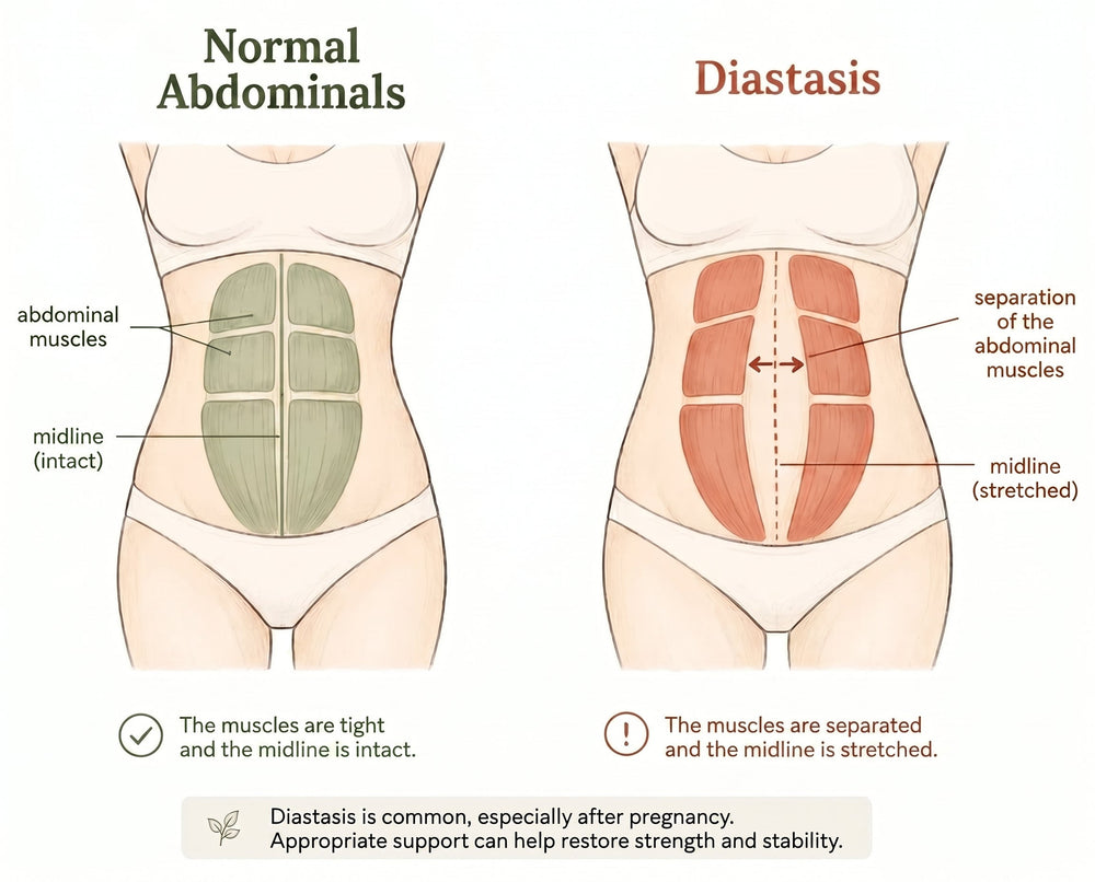 Illustrated comparison: normal abs versus stretched abdominal wall