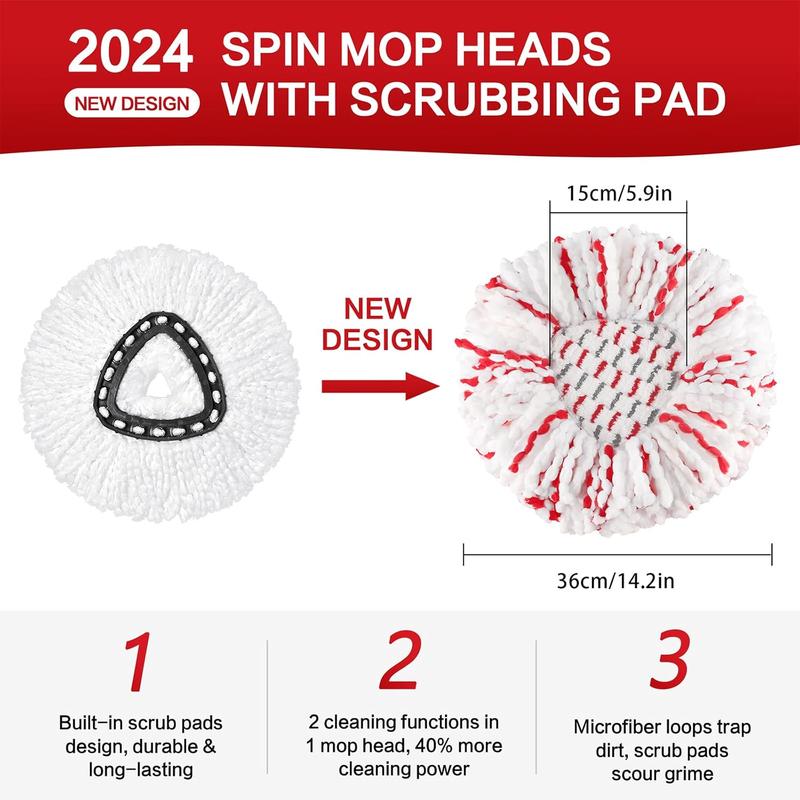 Spin mop head with built-in scrubbing pad