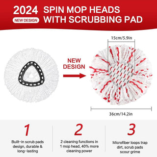 Spin mop head with built-in scrubbing pad