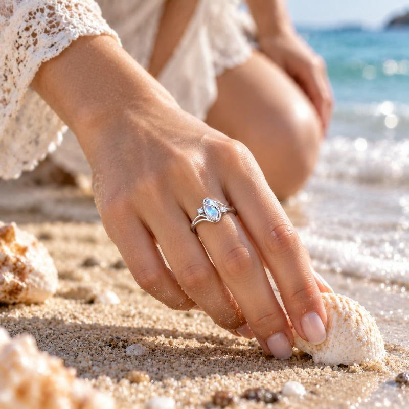 Avera Moonstone Ring worn by the sea