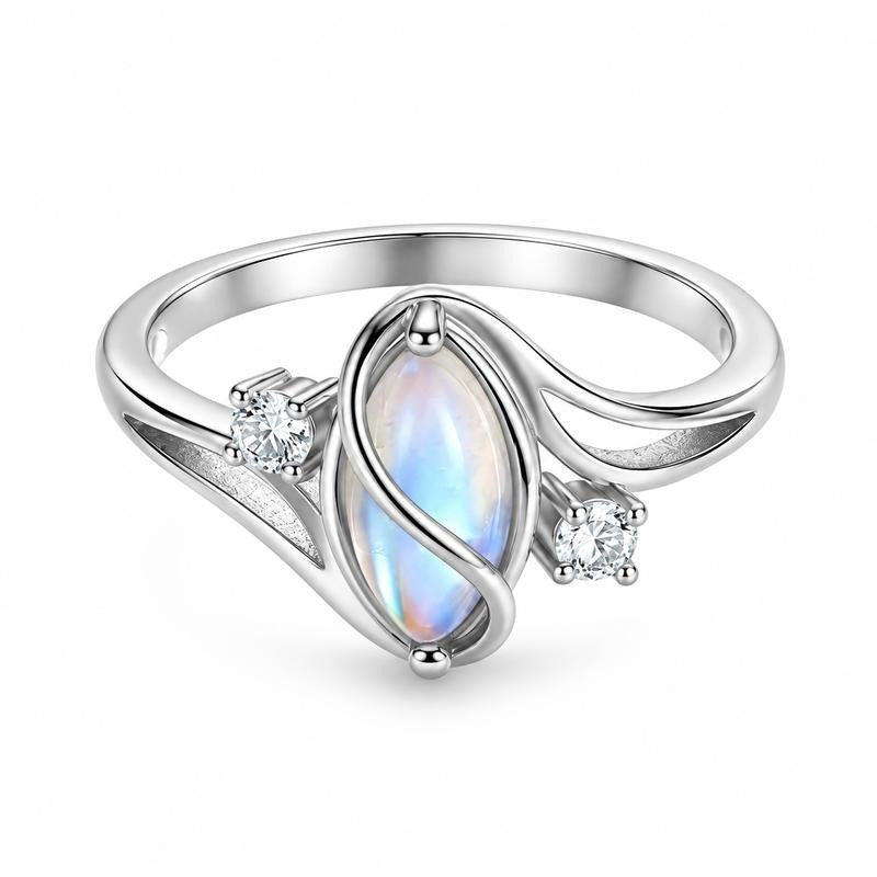 Front view of the moonstone wrapped in a polished swirl