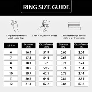 Ring size guide, US sizes 6 to 12
