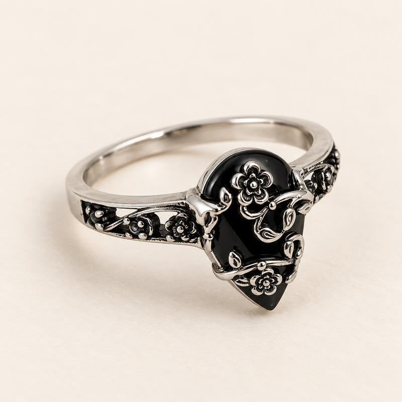 Black Obsidian Ring, teardrop stone wrapped in flowers and vines