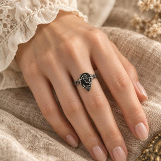 Black Obsidian Ring worn with a lace sleeve