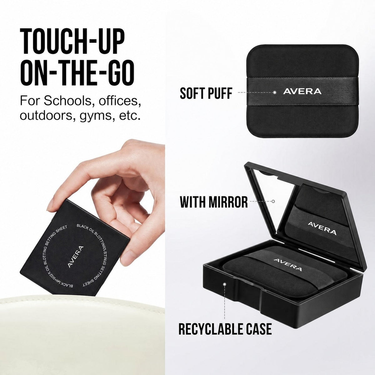Touch-up on the go, with mirror and puff