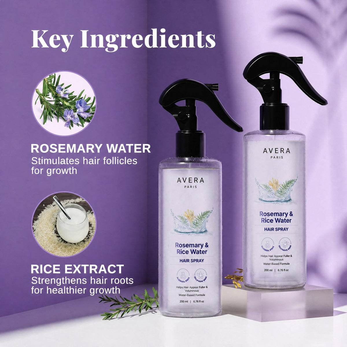 Key ingredients - rosemary water and rice extract
