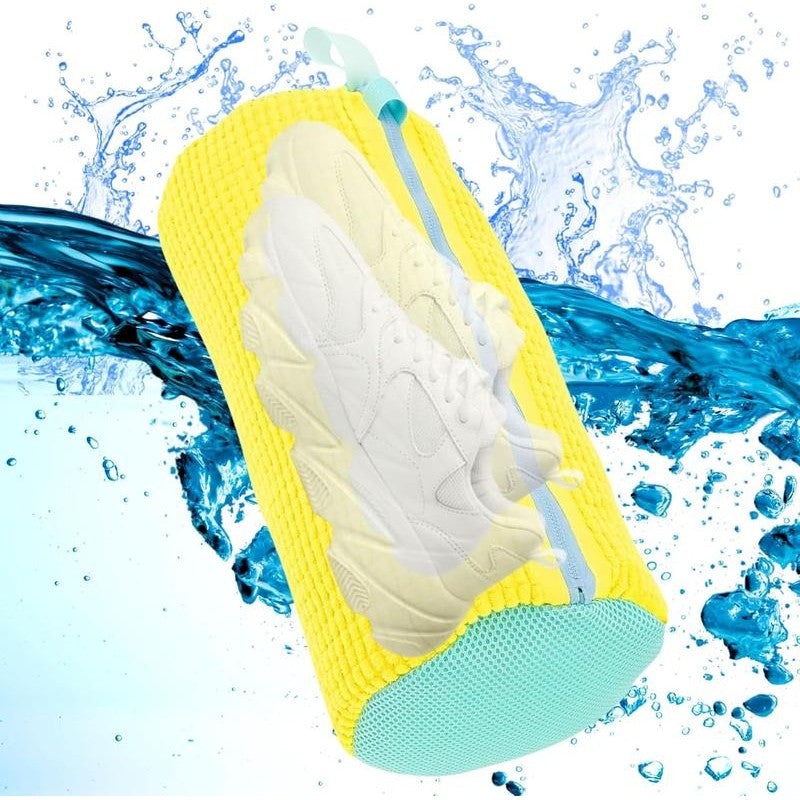 The padded bag cushioning a trainer through the wash