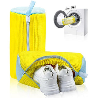 Zipped and open views of the shoe washing bag with a washing machine
