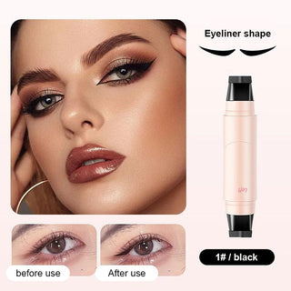 Winged eyeliner result with the stamp pen and before and after close-ups