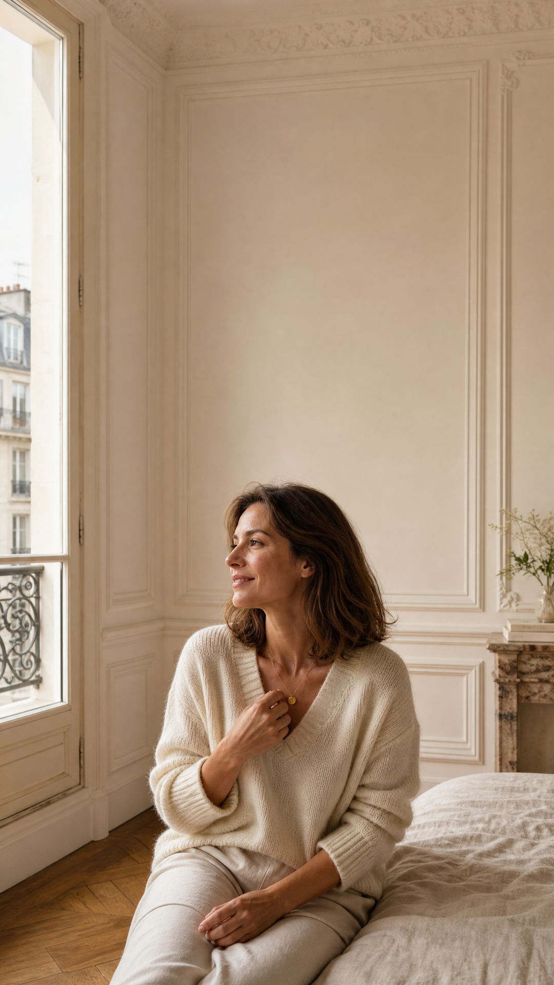 Woman in a bright Parisian apartment wearing a delicate gold necklace