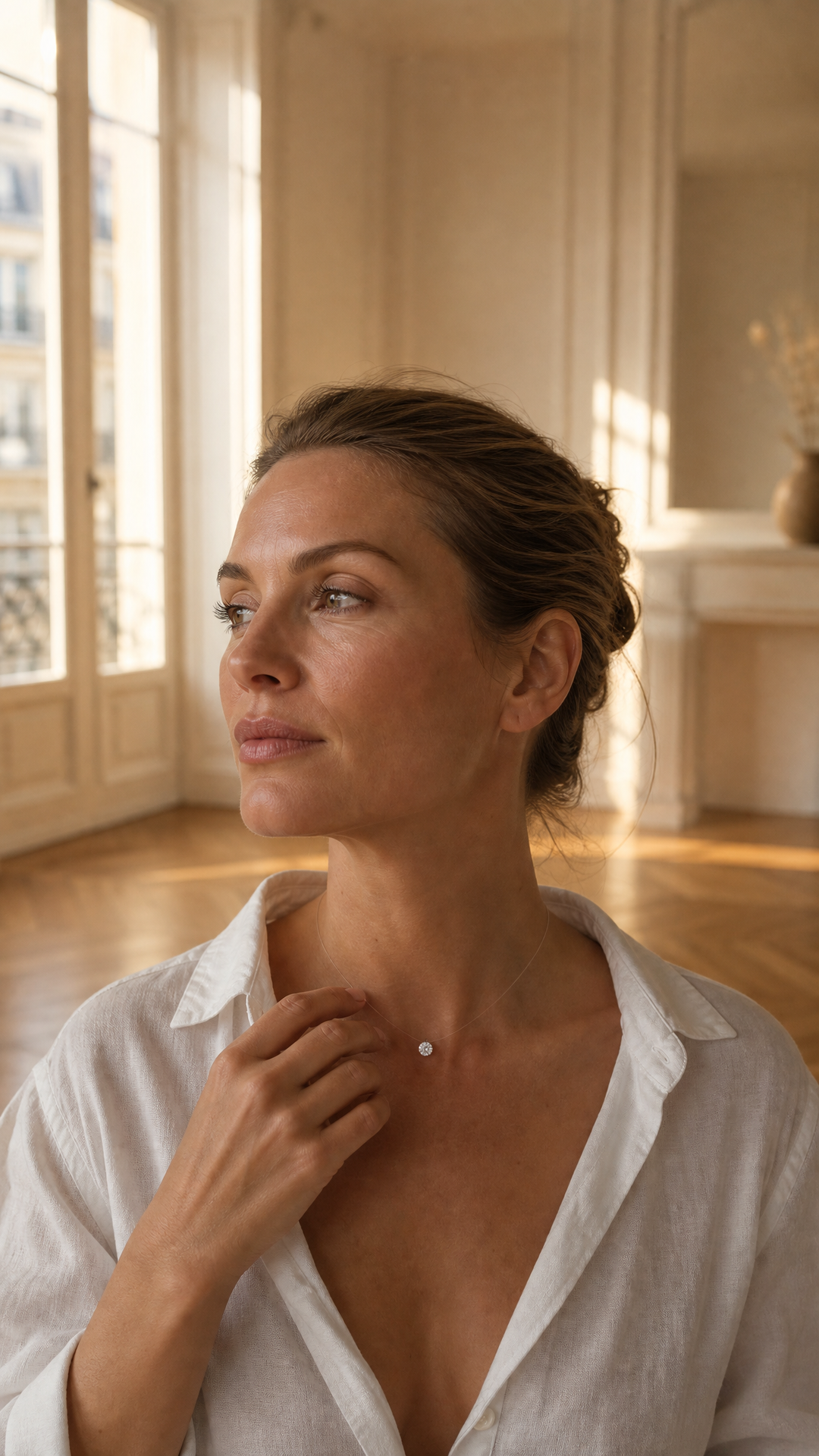 Woman wearing the Avera Floating Pendant Necklace