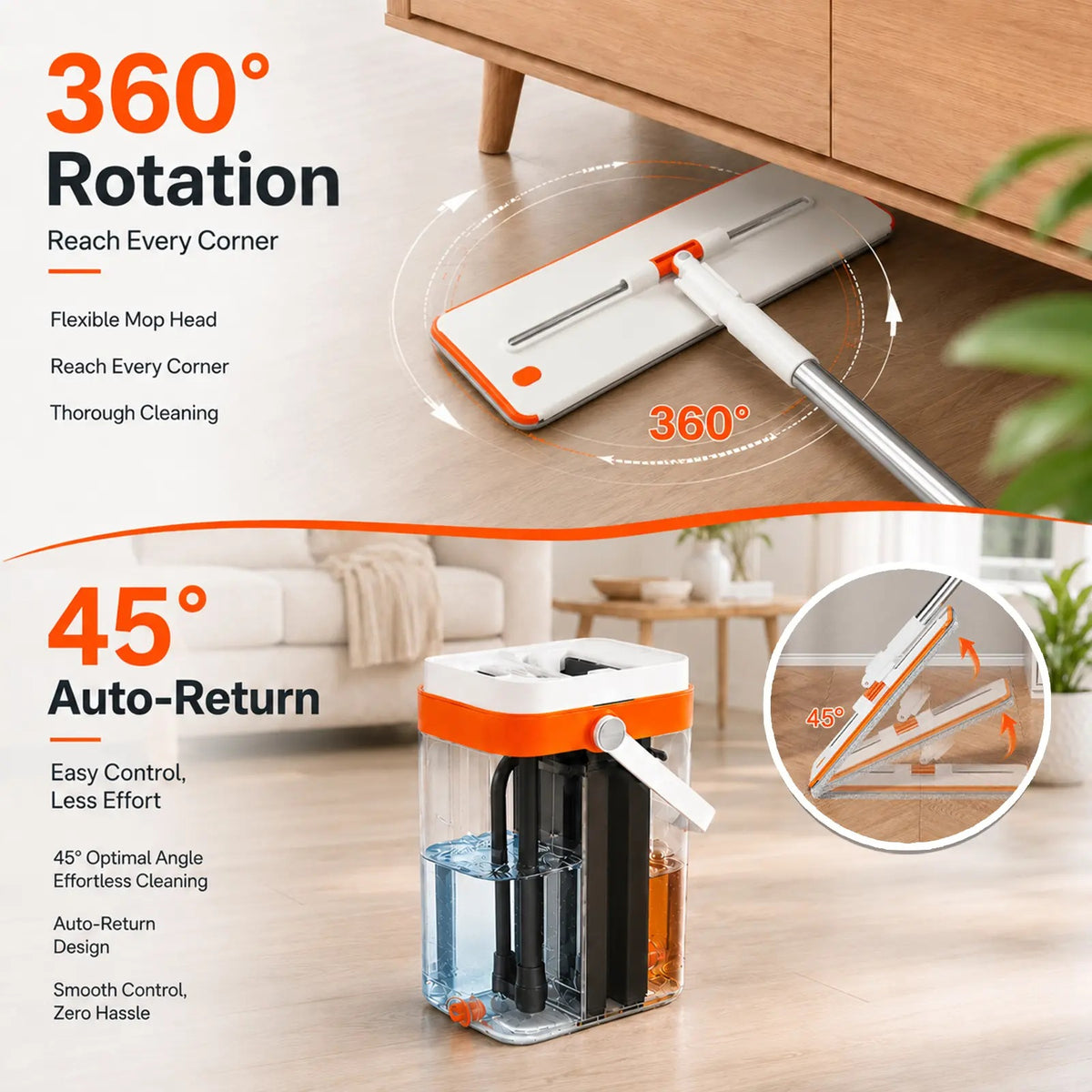 360 degree rotating head and 45 degree auto return