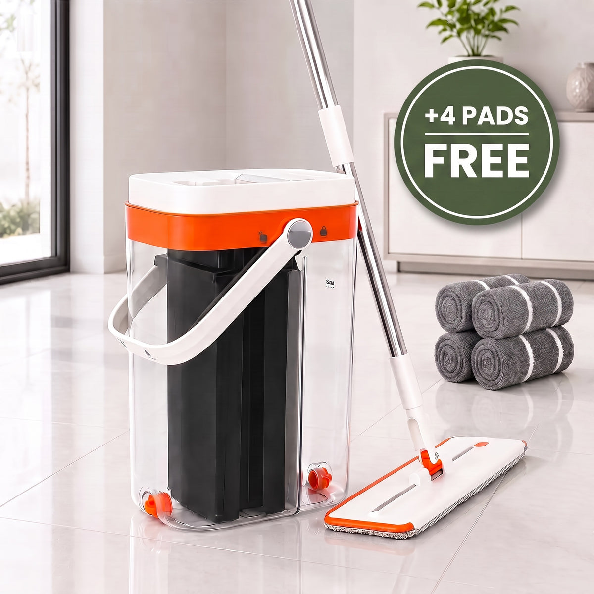 Avera hands-free mop and three-tank bucket with four free microfiber pads