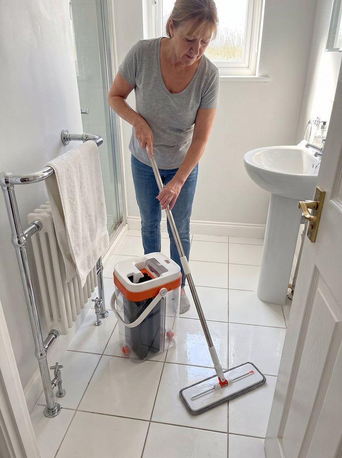 Woman mopping a white tiled bathroom floor