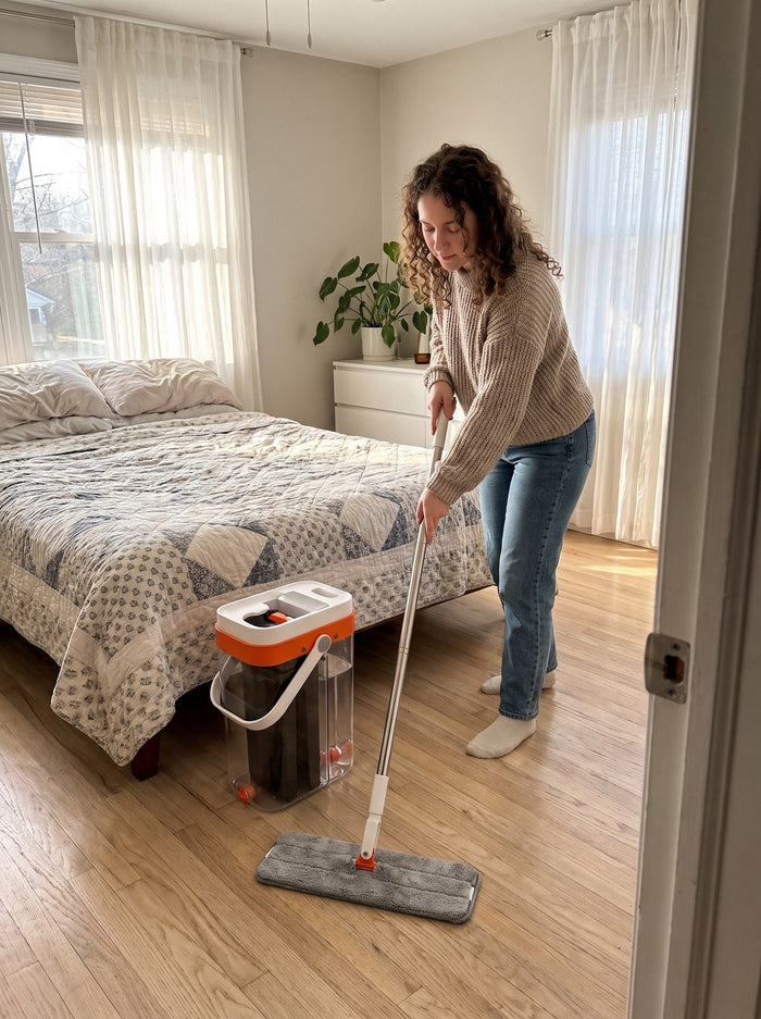 Woman mopping a bedroom floor beside the bed