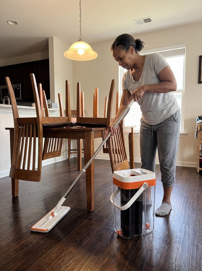 Woman mopping under a dining table on dark hardwood
