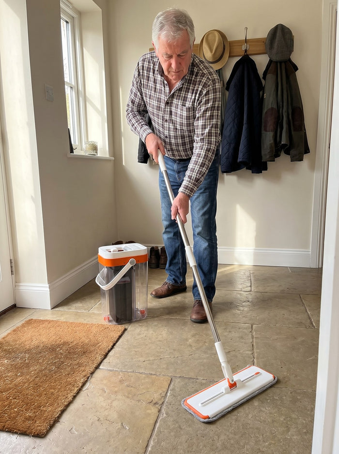 Man mopping a stone tile entryway