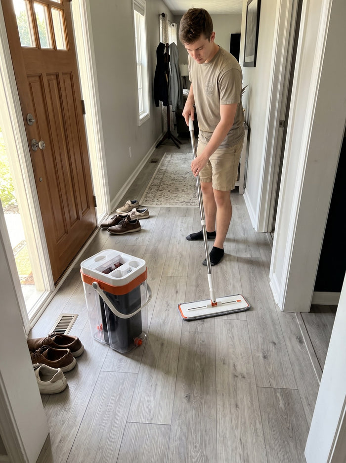 Young man mopping a narrow hallway