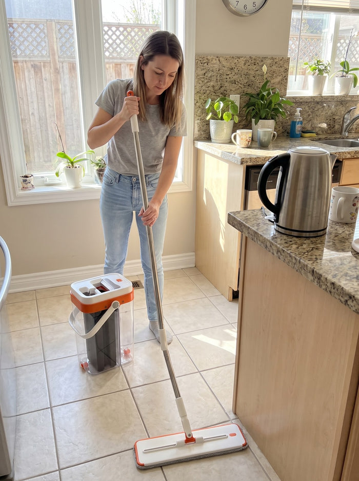 Woman mopping a tiled kitchen floor with the Avera hands-free mop