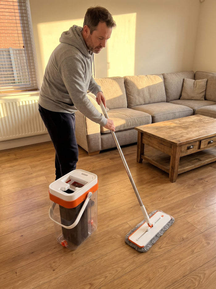 Man mopping a wooden living room floor