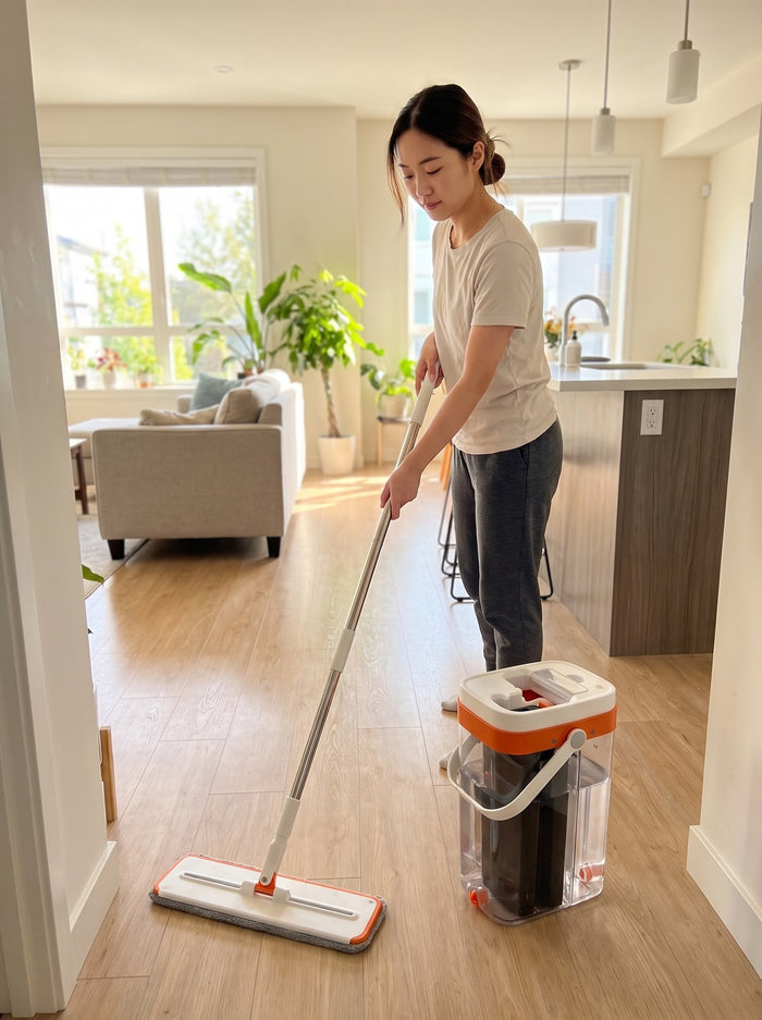 Woman mopping a large open plan floor