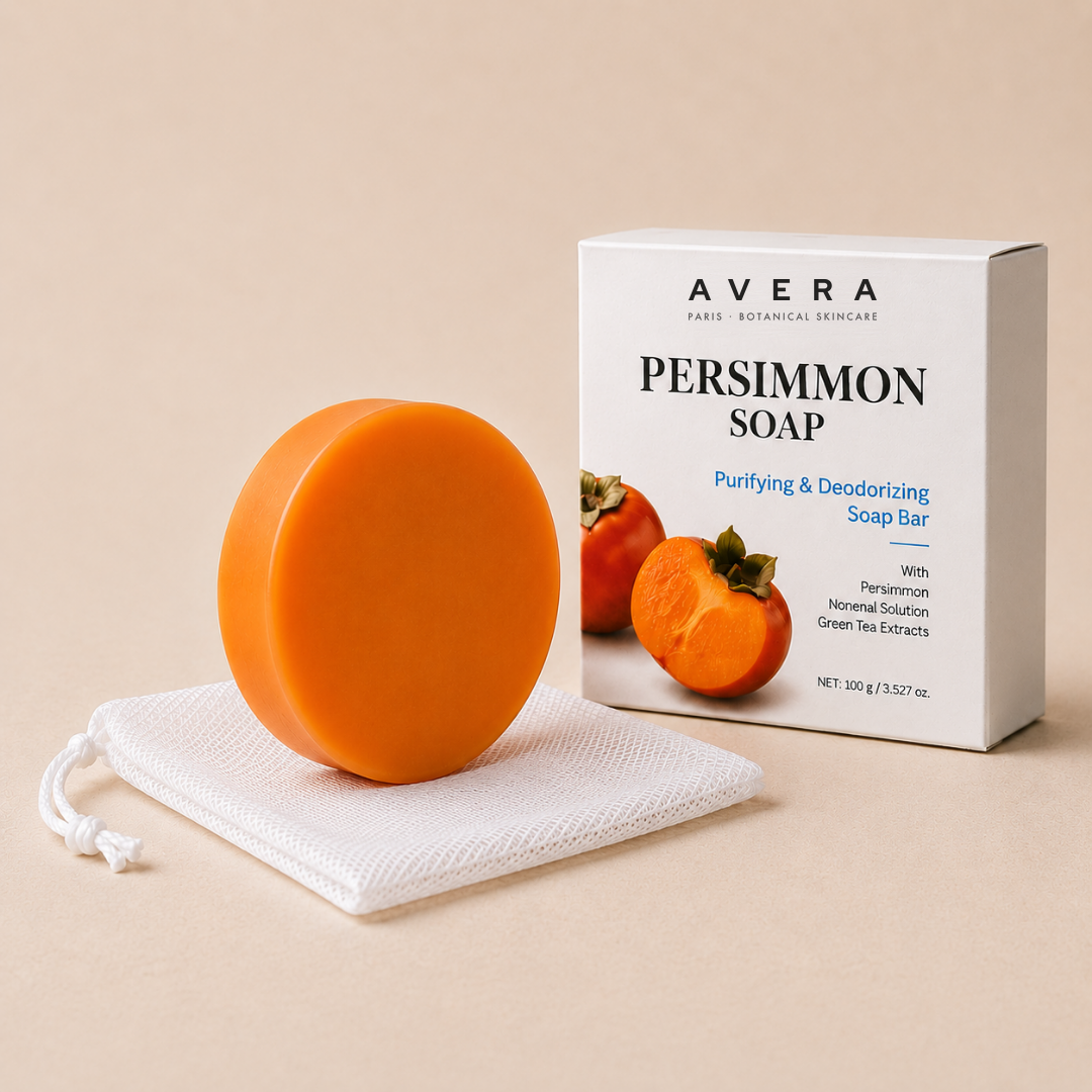 Avera Persimmon Soap bar with box and foaming mesh pouch