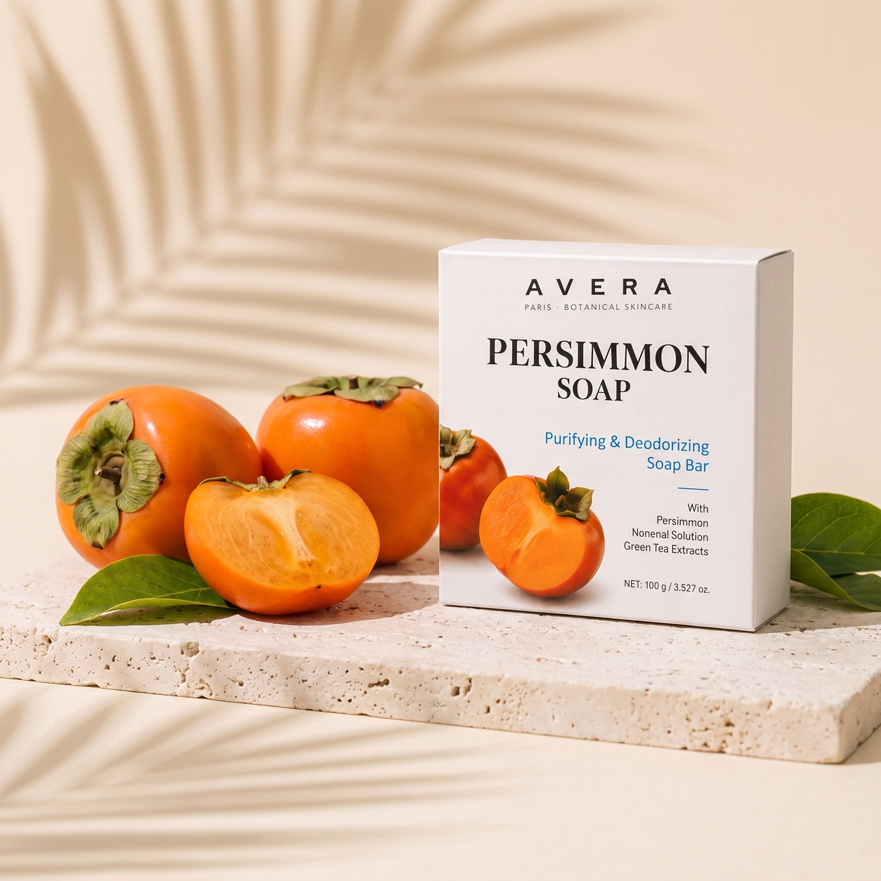 Avera Persimmon Soap box with fresh persimmons Image
