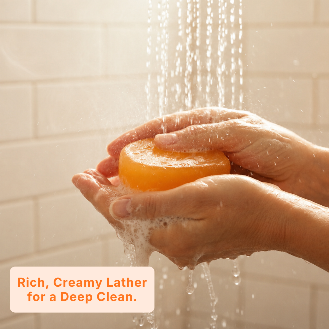 Rich creamy lather of Avera Persimmon Soap in the shower