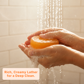 Rich creamy lather of Avera Persimmon Soap in the shower