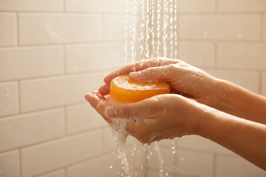 Lathering the soap under the shower