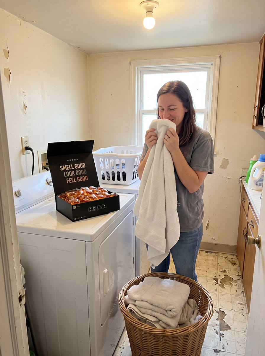 Customer smelling a towel fresh from the dryer Image
