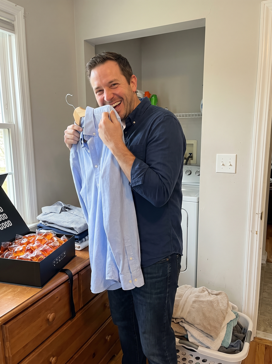 Smelling a freshly laundered shirt Image