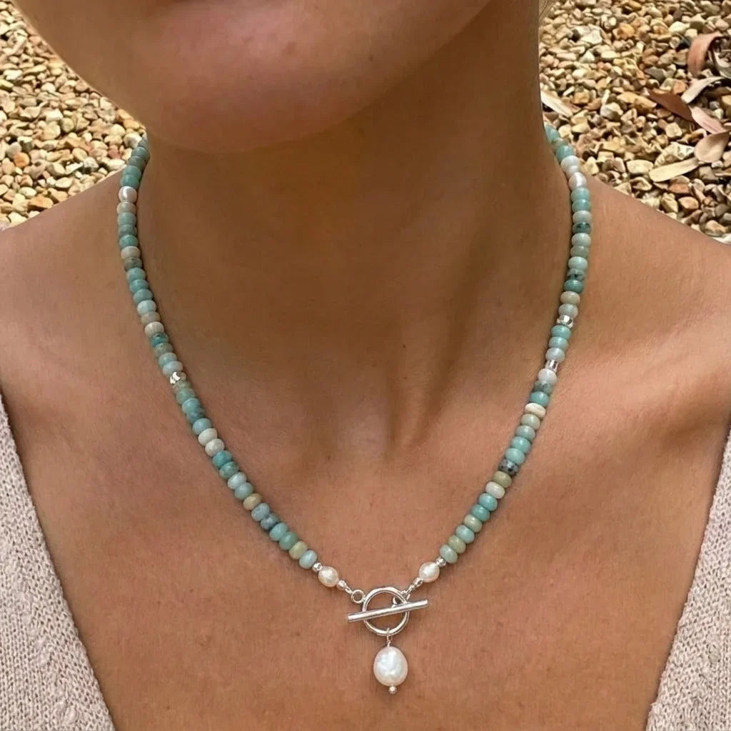 Turquoise Bead Pearl Necklace in silver worn close up