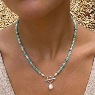 Turquoise Bead Pearl Necklace in silver worn close up
