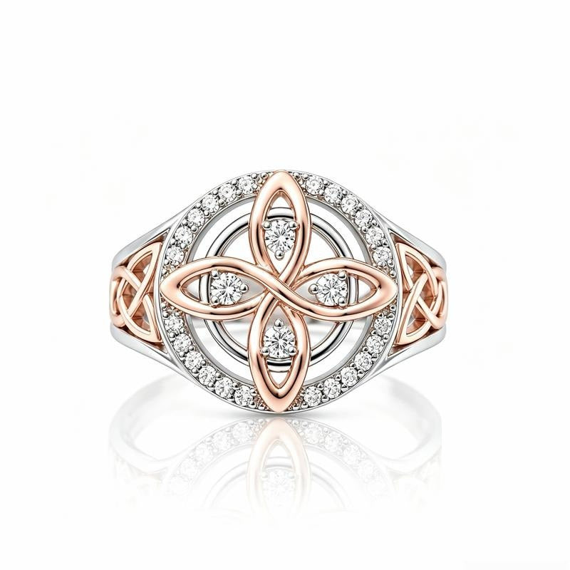 Avera Witch Knot Ring, rose gold witch knot framed by cubic zirconia